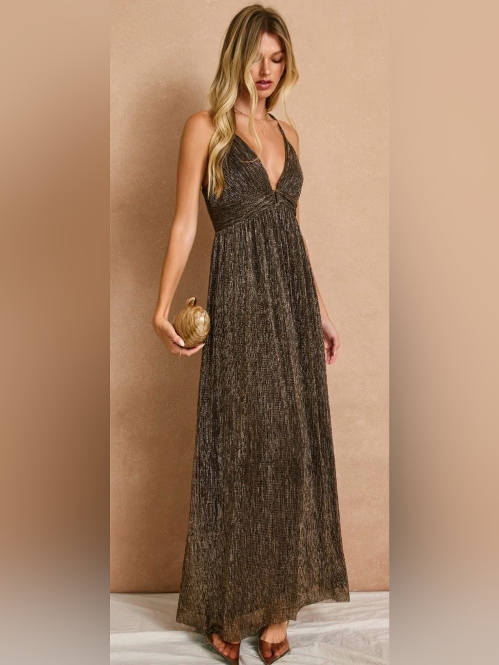 Dress Forum Gilded Dreams Brown Shimmer Plunging Maxi Dress L NWT Wedding Guest